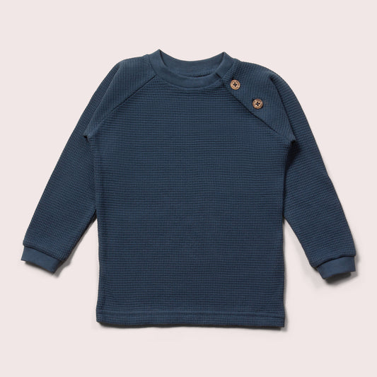 Navy Waffle Long Sleeve Button Raglan T-Shirt