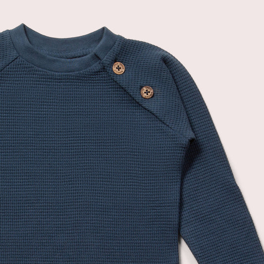 Navy Waffle Long Sleeve Button Raglan T-Shirt