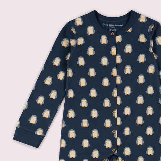 Blue Penguins Organic Adaptive Popper Through Onesie