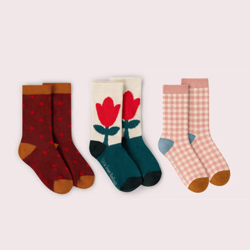 Red Flowers Ankle Socks 3 Pack