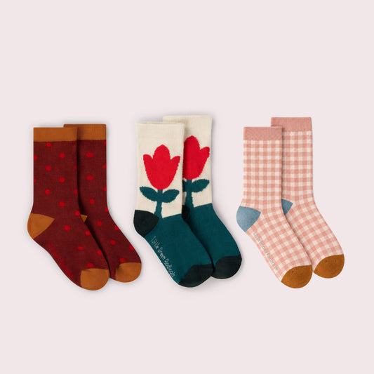 Lot de 3 socquettes à fleurs rouges