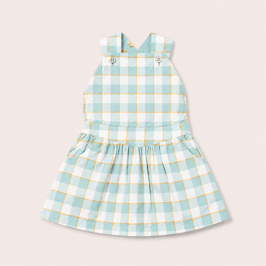 Soft Blue Checkered Reversible Pinafore Dress