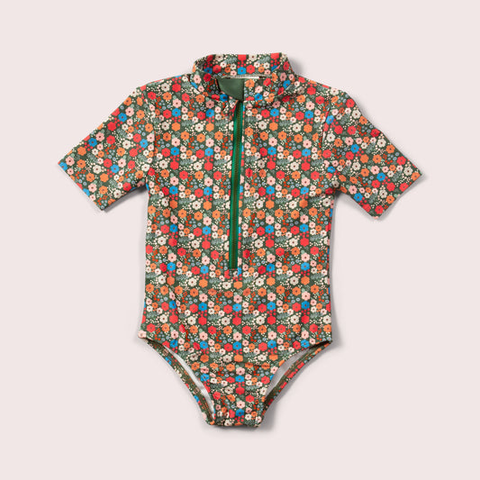 Vintage Flowers UPF 50 Recycled Short Sleeve Swimsuit