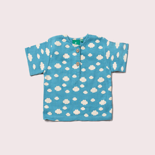 Blue Clouds Loose Fit Short Sleeve Henley Top