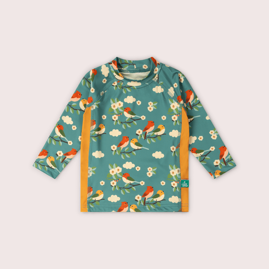 Turquoise Birds UPF 50 Sunsafe Long Sleeve Rash Vest