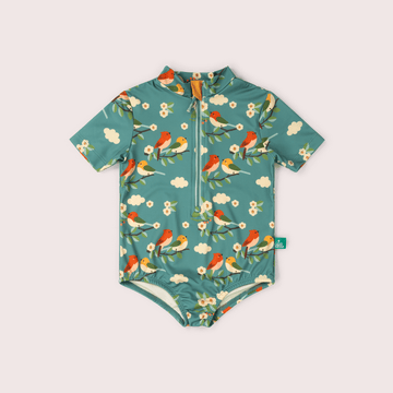 Turquoise Birds UPF 50 Recycled Short Sleeve Swimsuit