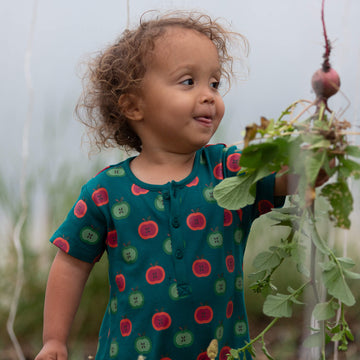 Apple Picking Organic Romper Blue / 18-24m