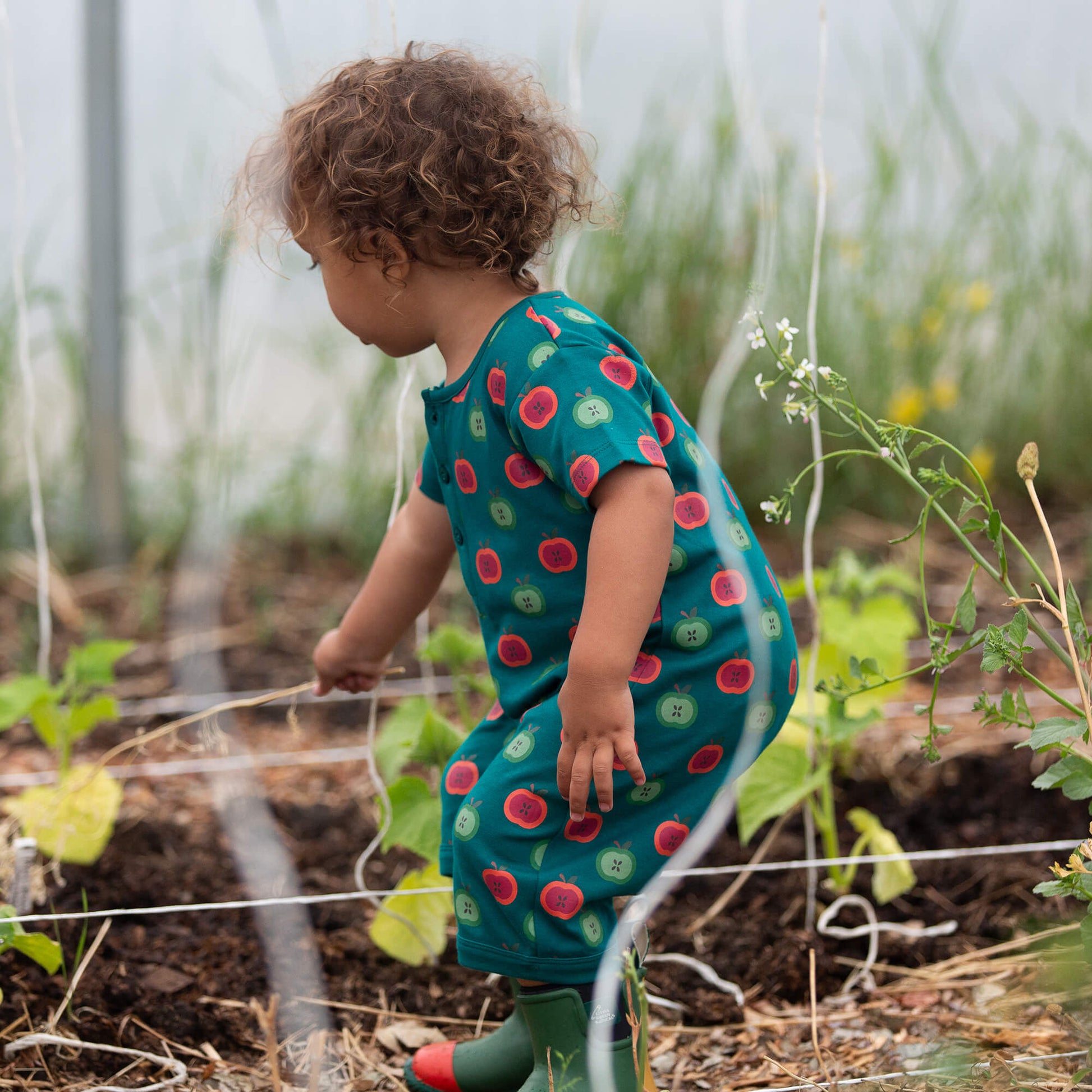Apple Picking Organic Romper Blue / 18-24m