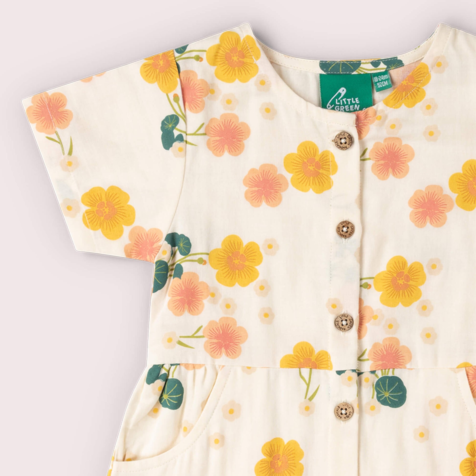 Flora Button Through Short Sleeve Dress Cream / 18-24m