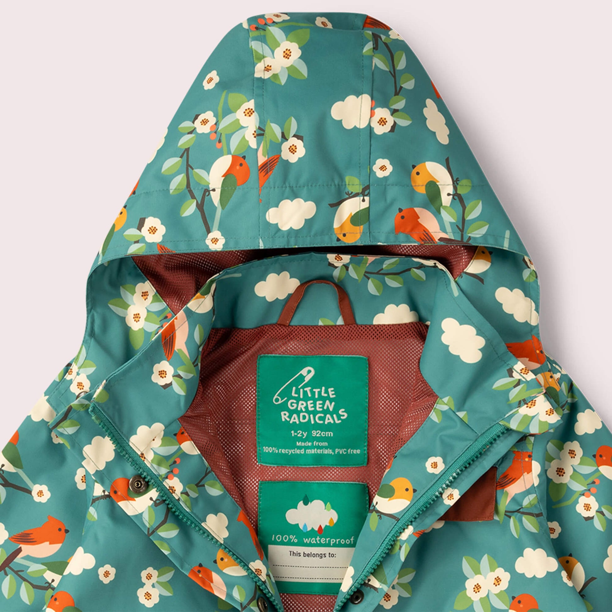 Turquoise Birds Recycled Waterproof Raincoat Turquoise / 7-8y