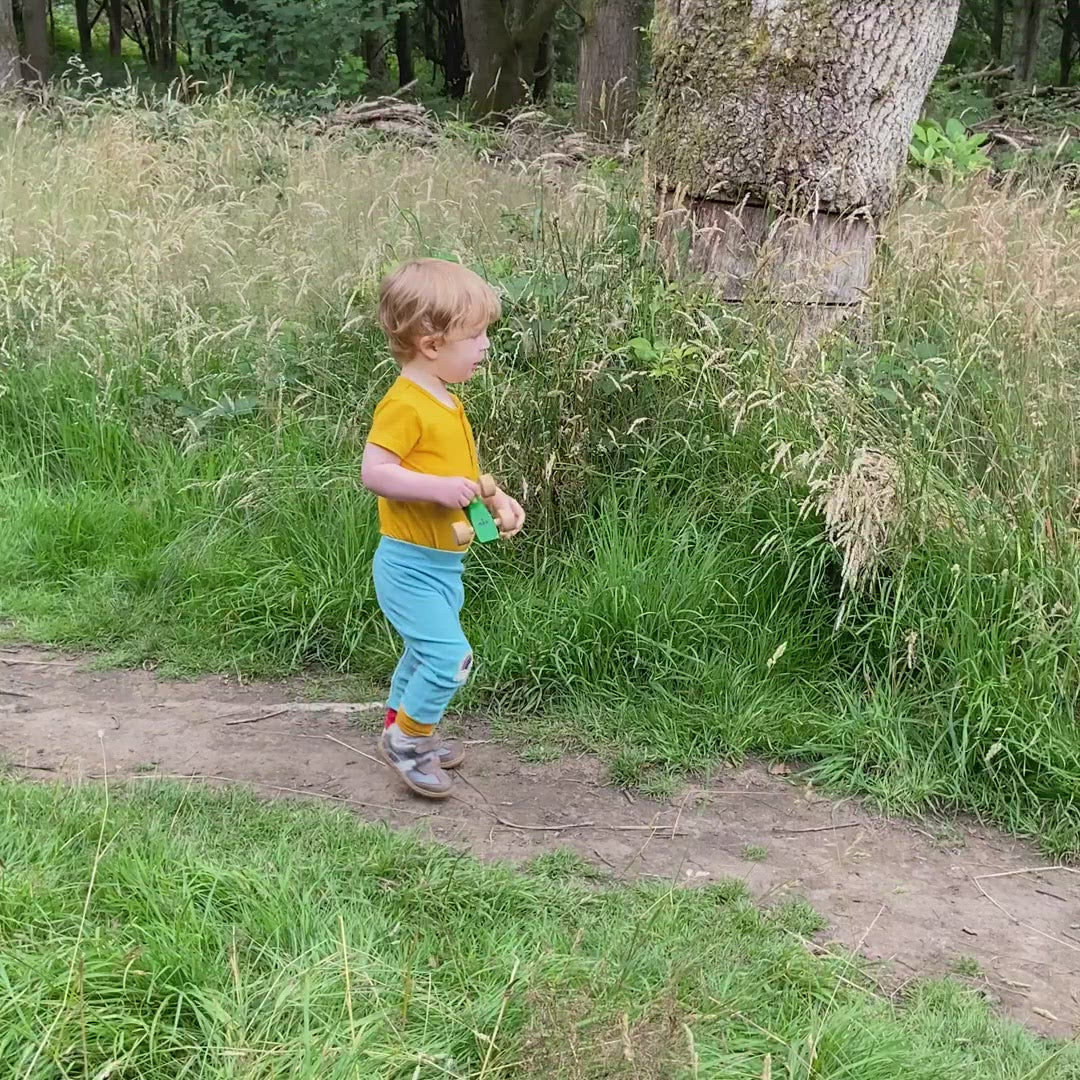     Little-Green-Radicals—Blue-Yellow-And-Red-Patch-Joggers-With-Rainbow-Print-Video