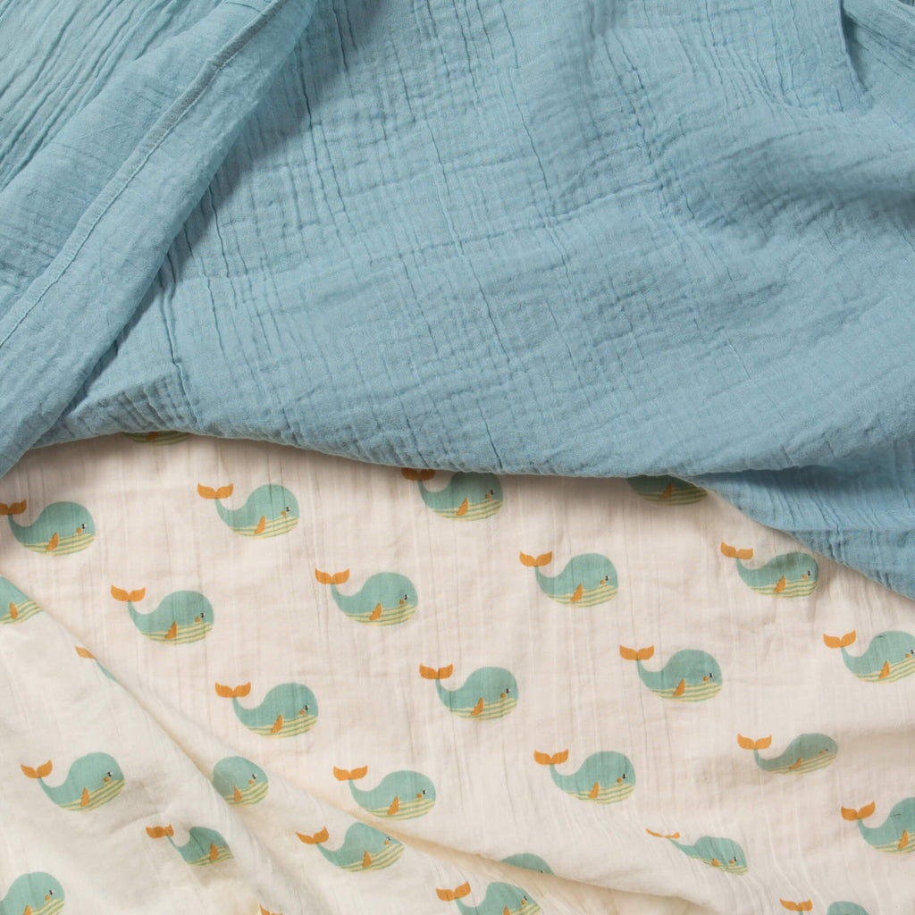 Little-Green-Radicals-Blue-Organic-Baby-Muslin-Set-2-Pack-With-Whale-Print-Closeup-View