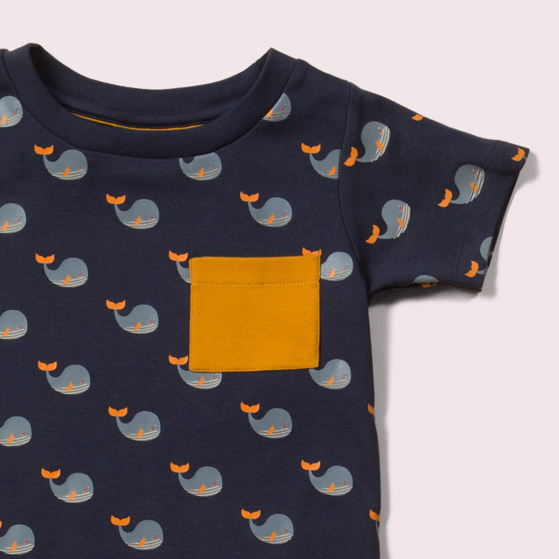 Little-Green-Radicals-Blue-T-Shirt-And-Jogger-Playset-With-Whale-Print-Closeup-View