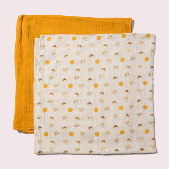 Little-Green-Radicals-Cream-And-Orange-Organic-Baby-Muslin-Set-2-Pack-With-Sunshine-and-Rainbow-Print-Reverse