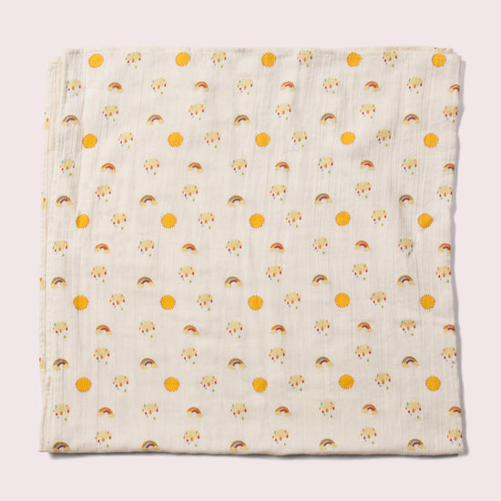 Little-Green-Radicals-Cream-And-Orange-Organic-Baby-Muslin-Set-2-Pack-With-Sunshine-and-Rainbow-Print-Single