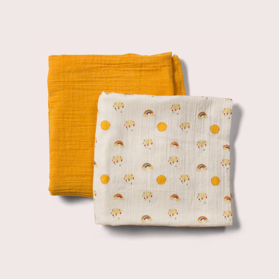 Little-Green-Radicals-Cream-And-Orange-Organic-Baby-Muslin-Set-2-Pack-With-Sunshine-and-Rainbow-Print