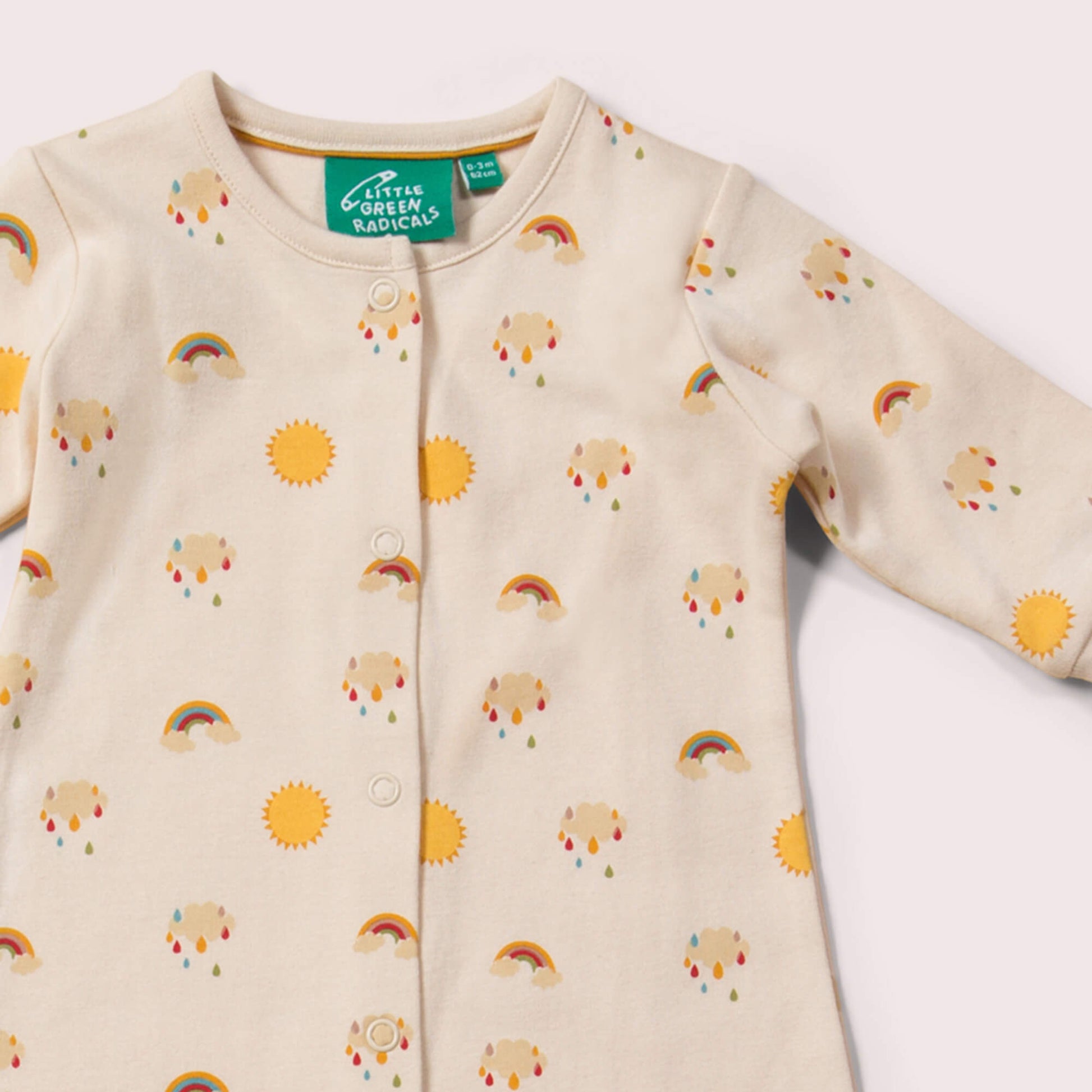 Little-Green-Radicals-Cream-Organic-Babygrow-With-Sun-and-Rainbow-Print-close-up
