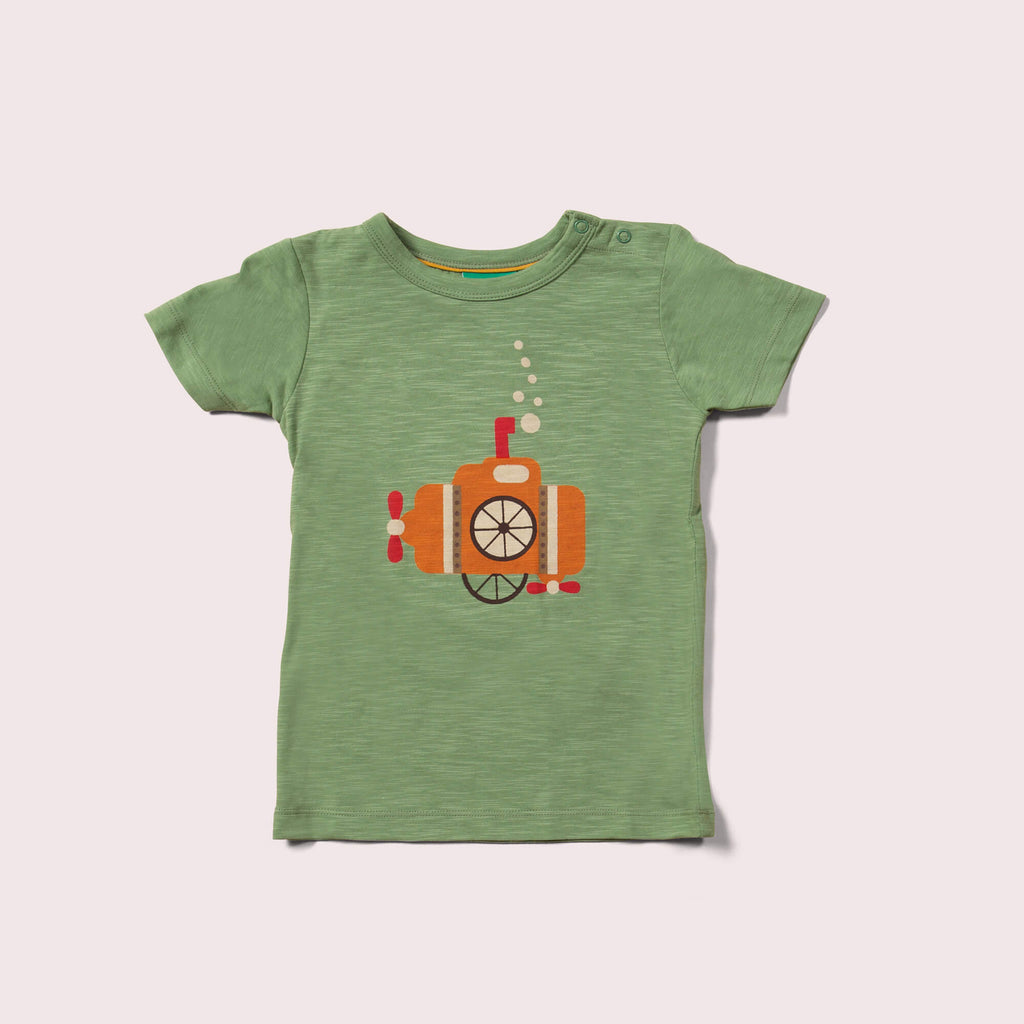 Little-Green-Radicals-Green-And-Orange-Short-Sleeve-T-Shirt-With-Submarine-Print