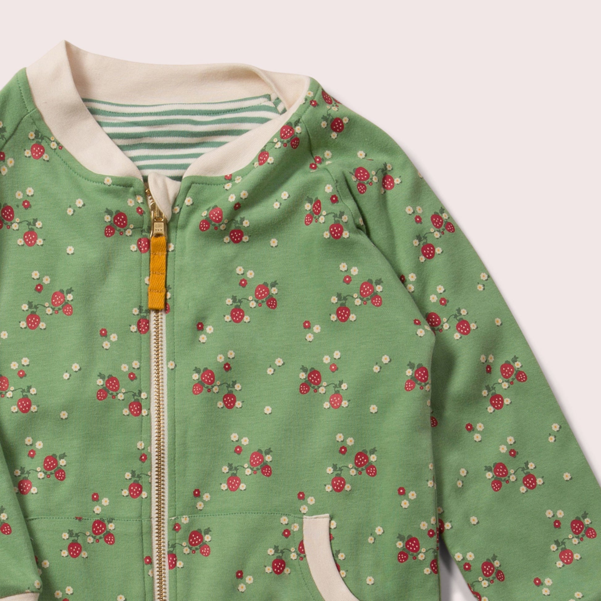 Little-Green-Radicals-Green-Striped-Reversible-Easy-Rider-Jacket-With-Strawberry-Print-Closeup