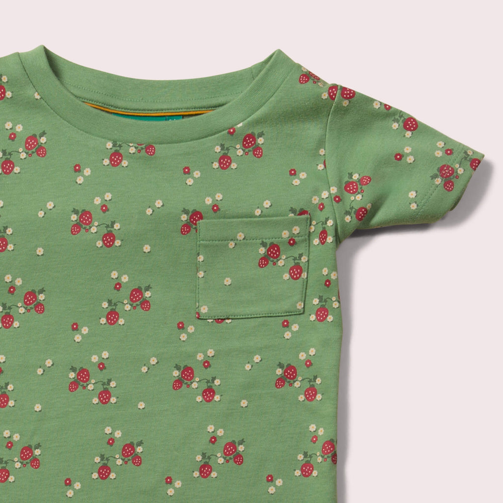 Little-Green-Radicals-Green-T-Shirt-And-Jogger-Playset-With-Strawberry-Print-Closeup-View