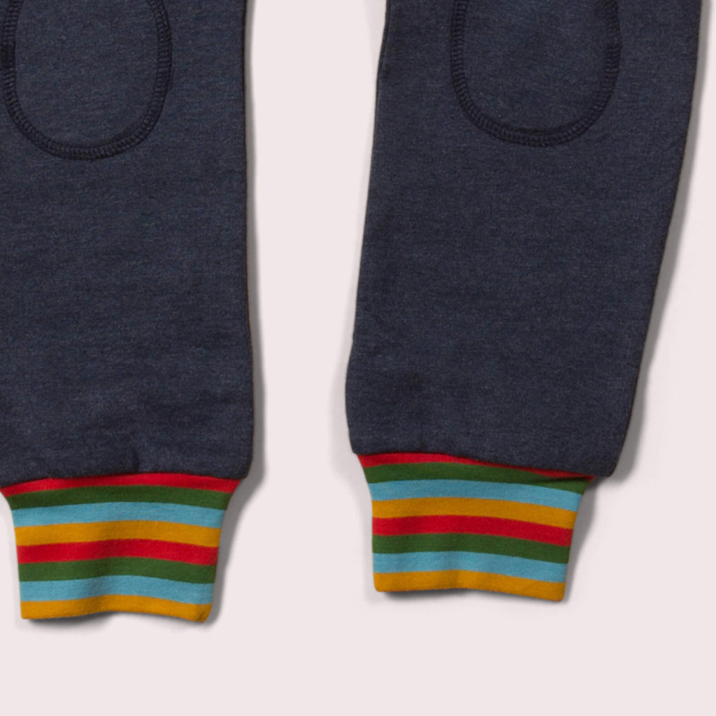 Little-Green-Radicals-Navy-Blue-Marl-Organic-Comfy-Joggers-With-Rainbow-Pattern-Closeup-View