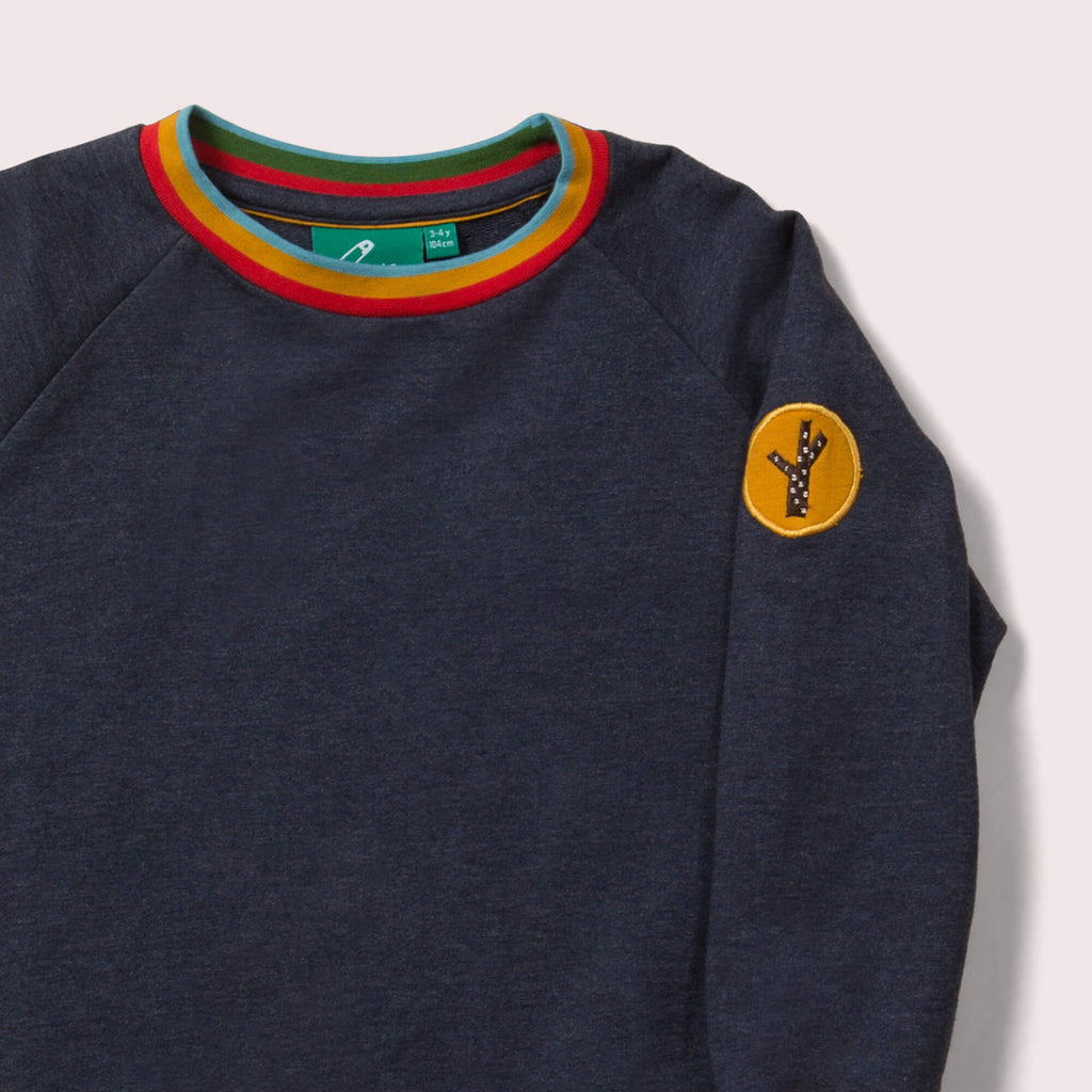 Little-Green-Radicals-Navy-Blue-Marl-Sweatshirt-With-Rainbow-Pattern-Closeup