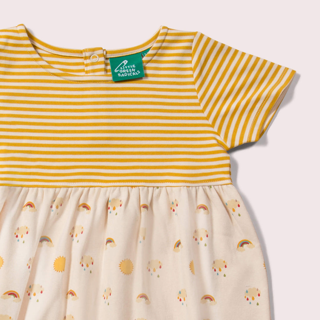 Little-Green-Radicals-Yellow-And-Cream-DressSet-With-Sunshine-Rainbow-Print-Closeup-View