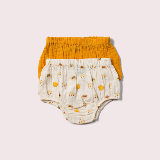 Little-Green-Radicals-Yellow-Organic-Muslin-Bloomer-Set-2-Pack-With-Sunshine-And-Rainbow-Print