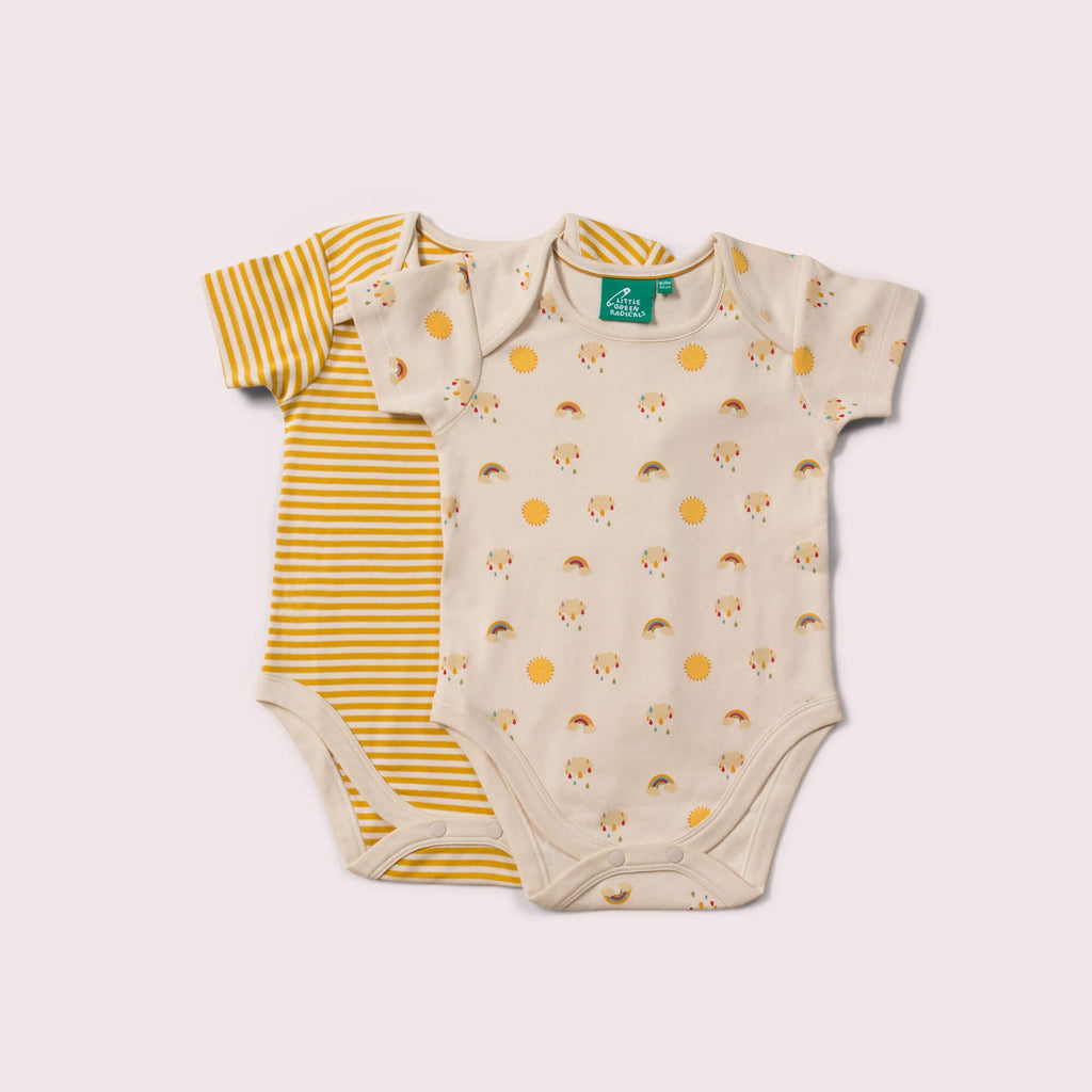 Little-Green-Radicals_Cream-and_Yellow-Striped-Baby-Bodies-Set-Two-Pack-With-Sunshine-and-Rainbow-Print