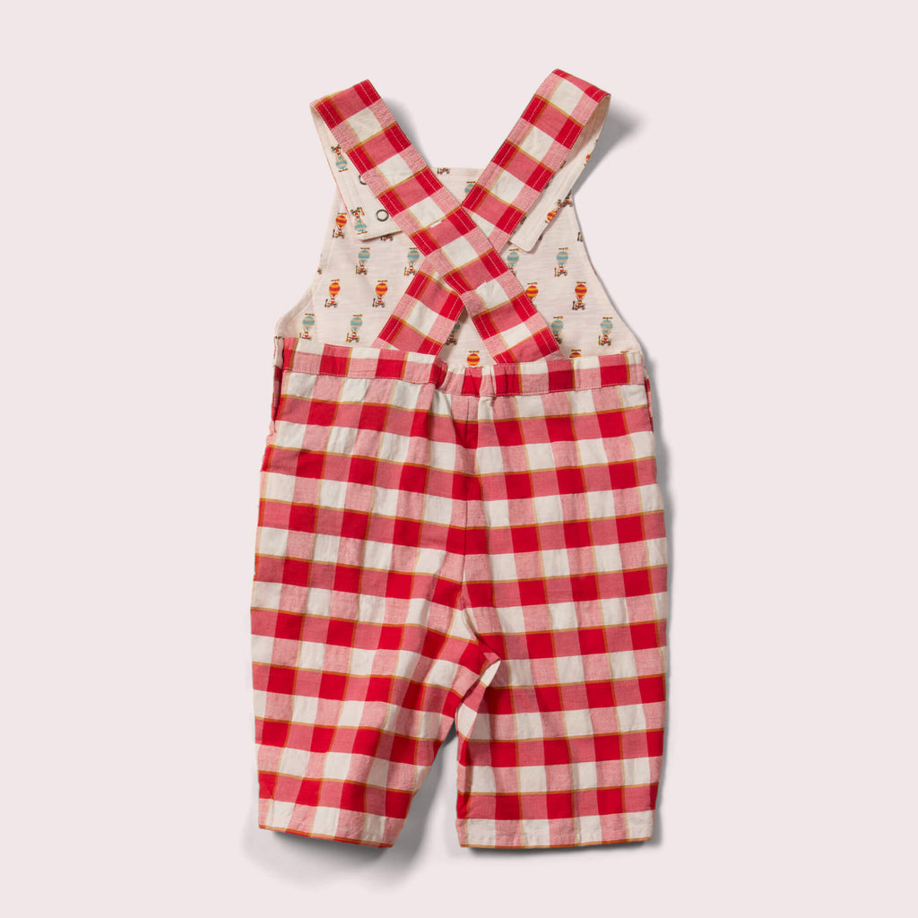 Little-Green-Radicals_Red-And_Cream-Shortie-Dungarees-With-Check-Pattern-Back
