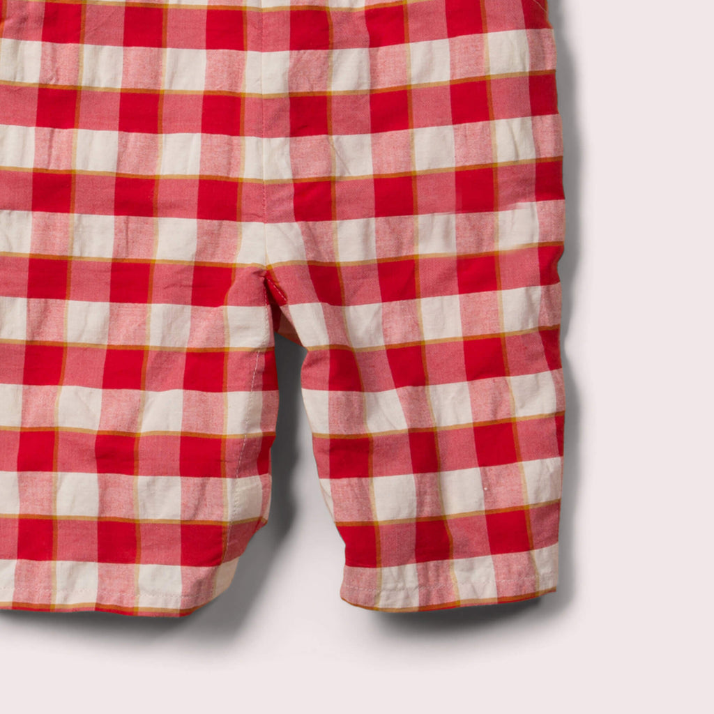 Little-Green-Radicals_Red-And_Cream-Shortie-Dungarees-With-Check-Pattern-Closeup-View