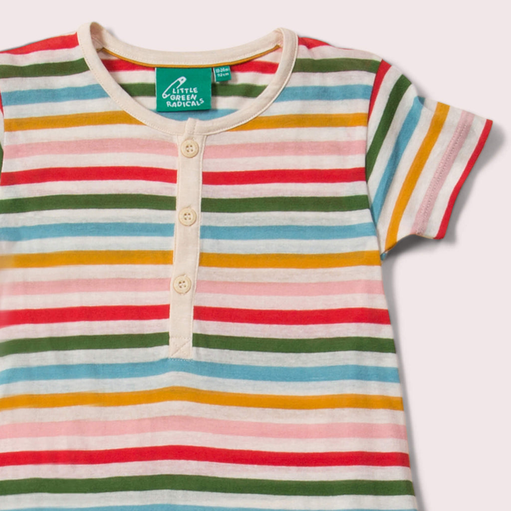 Little-Green-Radicals_Red-Green-Blue-Orange_Pink-and-Cream-Striped-Organic-Shortie-Romper-With-Rainbow-Print-Closeup