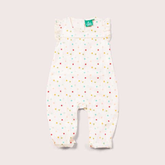 Rainbow Spots Organic Frill Summer Romper