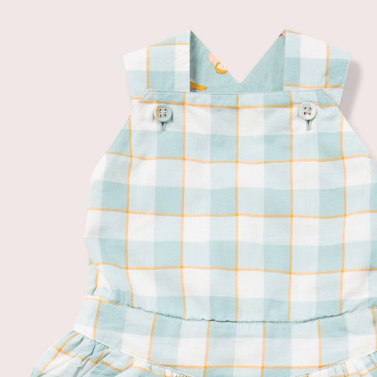 Soft Blue Checkered Reversible Pinafore Dress