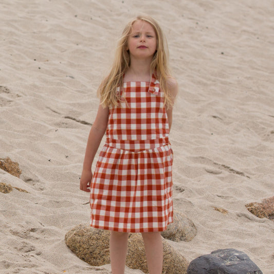 Soft Red Checkered Reversible Pinafore Dress