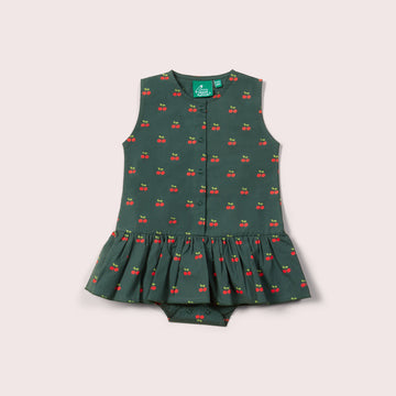 Olive Cherries Button Ruffle Romper